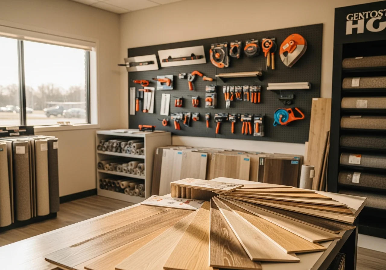 Flooring showroom with luxury vinyl plank samples, carpet displays, and professional installation tools on display.