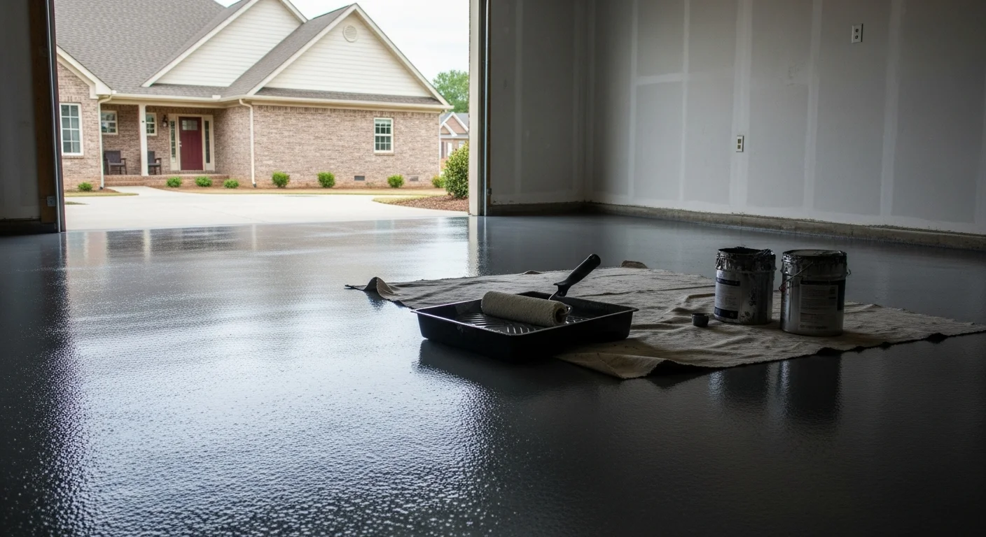 Finished concrete garage floor with protective coating