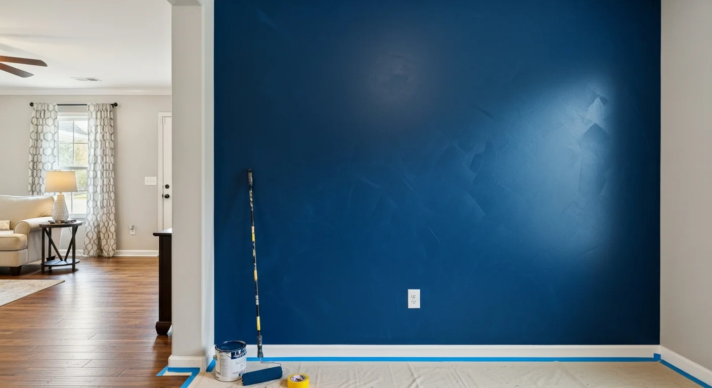 A freshly painted deep charcoal accent wall behind a bed in a Lexington home, with clean edges along white trim and neutral-colored adjacent walls. The painted surface is smooth and even, showing the contrast between the feature wall and the surrounding room.
