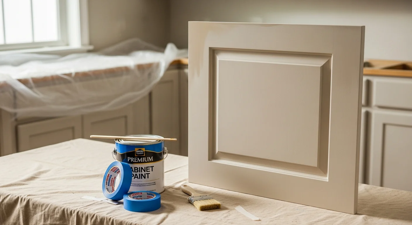 Freshly painted kitchen cabinets in a Lexington home showing a smooth, even finish in a warm neutral tone. Cabinet doors are rehung with clean lines and no visible brush marks on the painted surfaces.