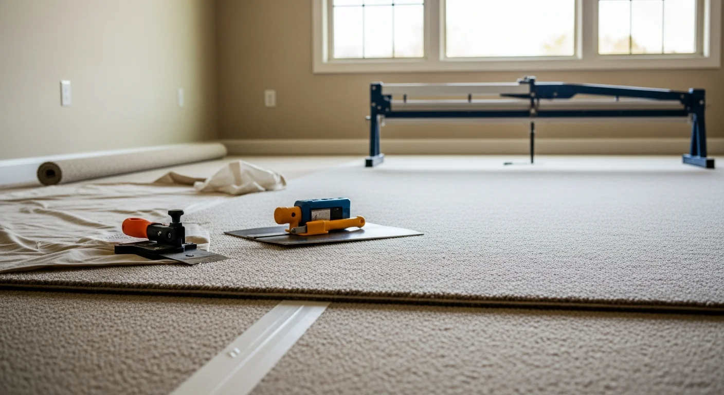 Freshly installed wall-to-wall carpet in a Greer, SC living room, showing tight seams, clean edges along the baseboards, and an even, smooth surface across the floor.