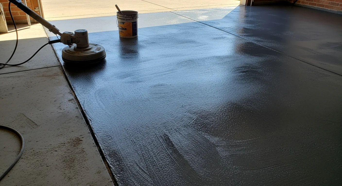 A freshly coated concrete garage floor in a Lexington home, showing a smooth, glossy surface free of cracks and staining. A vehicle is parked to one side, and the coated slab extends to the walls with clean, even coverage.