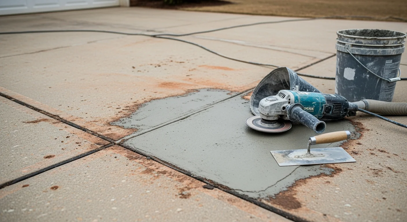 A repaired concrete driveway in Lexington, Kentucky showing a smooth, level surface with filled cracks and no visible scaling. The residential property sits on a clay-soil lot typical of the Fayette County area.