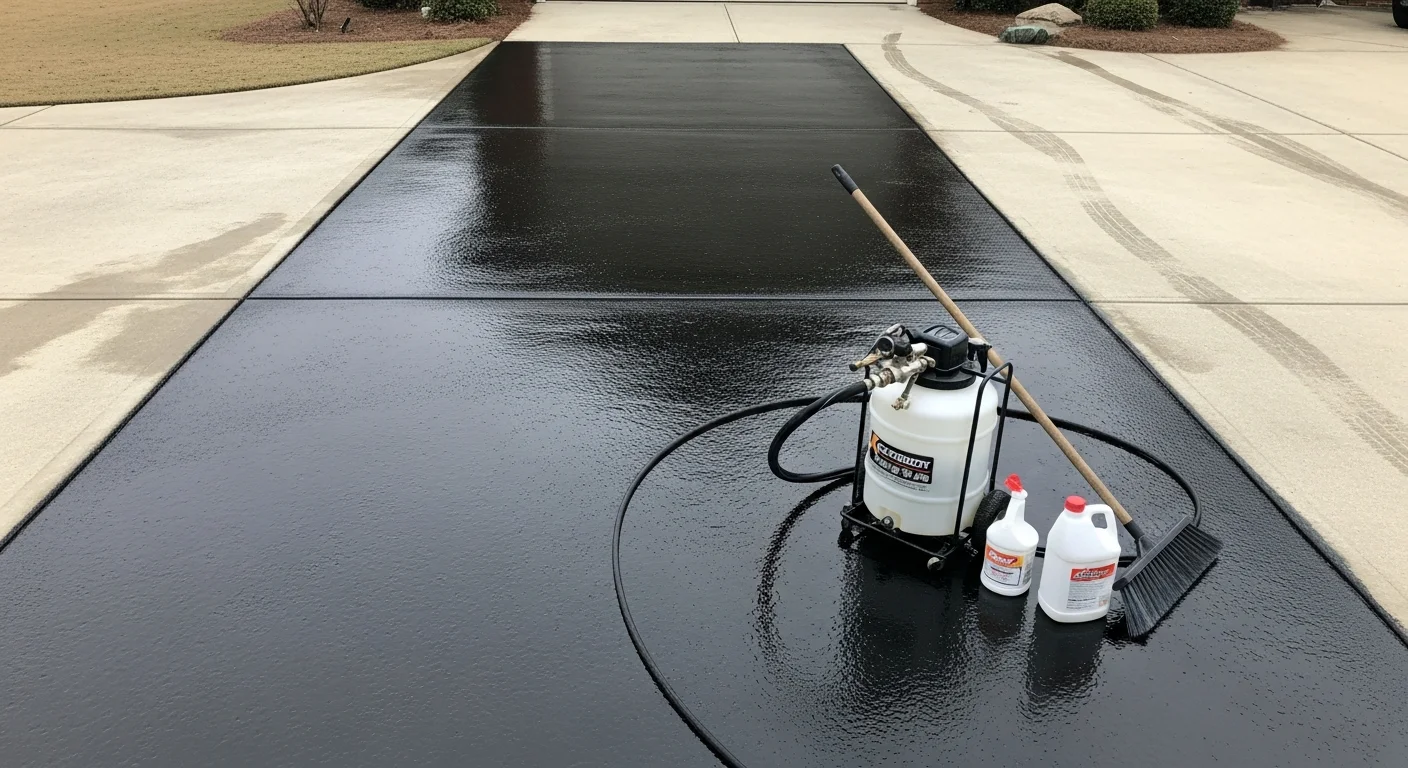 A freshly sealed residential concrete driveway in Lexington, Kentucky, showing a clean, even surface with a low-sheen protective finish. The garage door and front walkway are visible in the background, reflecting a typical Lexington single-family home setting.