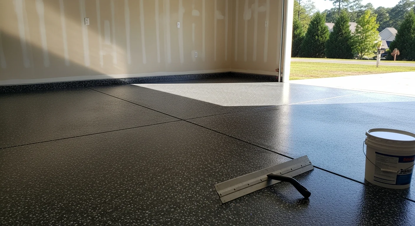 Freshly coated epoxy garage floor in a Lexington, KY home, showing a glossy gray surface with decorative color flakes and clean concrete edges. The two-car garage floor reflects overhead lighting after a multi-layer epoxy coating application by Rocky Flooring LLC.