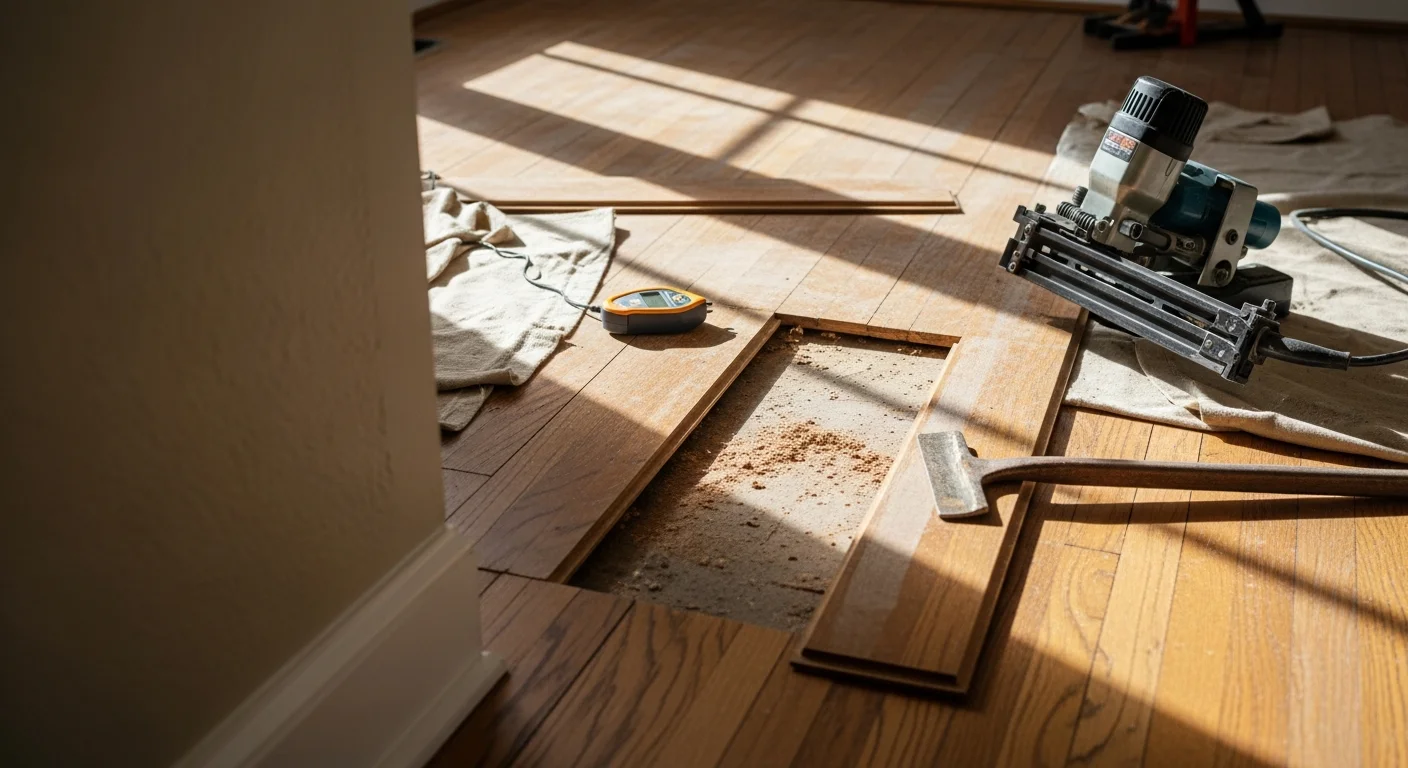 A Lexington home interior showing a repaired hardwood floor with smooth, even boards and no visible gaps, warping, or water damage. The floor runs through a well-lit living area typical of a single-family home in Lexington, Kentucky.