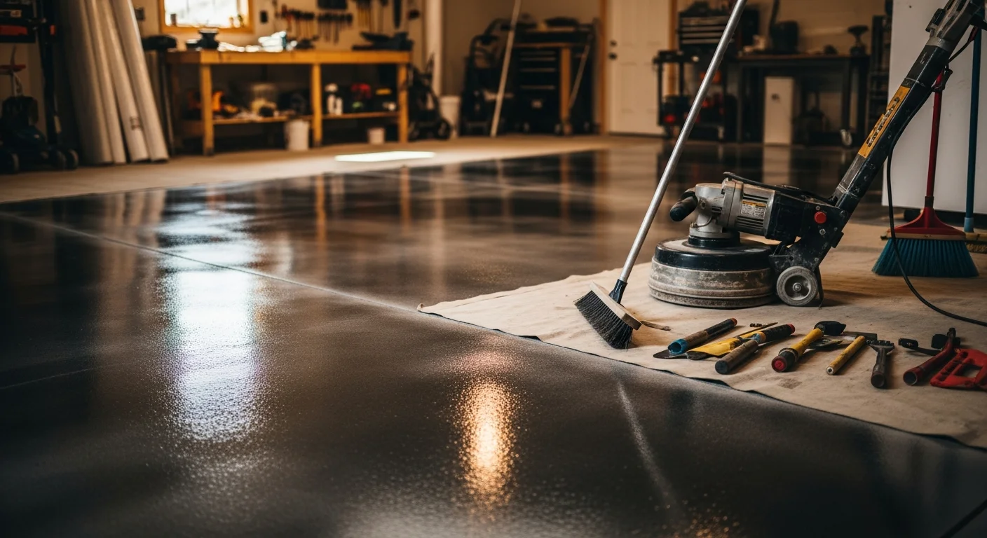 A freshly coated garage floor inside a Lexington, Kentucky home, showing a smooth, light-gray surface with a subtle texture finish. The two-car garage is empty and well-lit, with clean edges along the walls and garage door threshold.