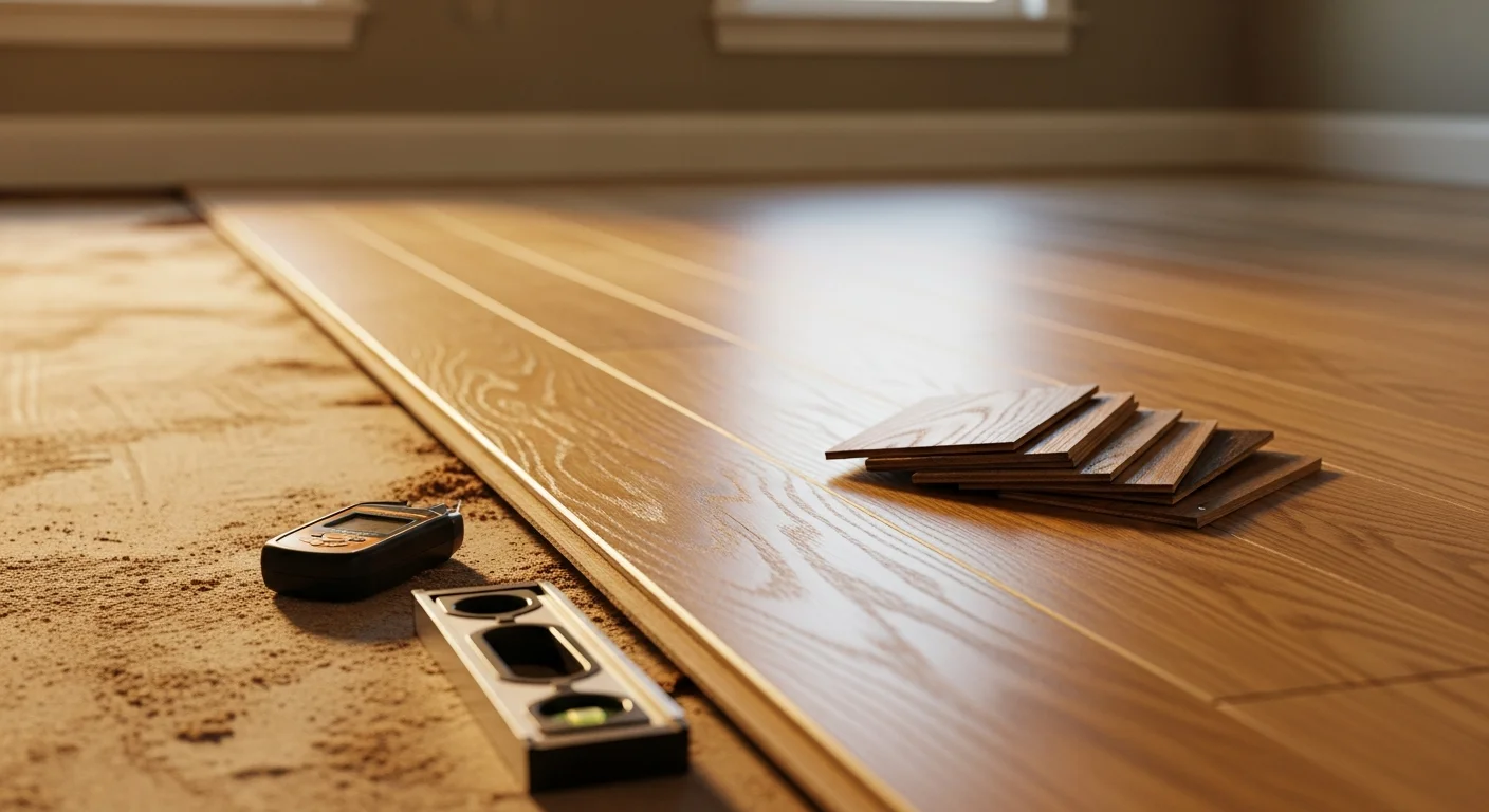 Freshly installed hardwood flooring in a Lexington, Kentucky single-family home, showing tight board seams and a smooth, even finish across a main living area. Natural light from a window highlights the wood grain and consistent color tone throughout the room.