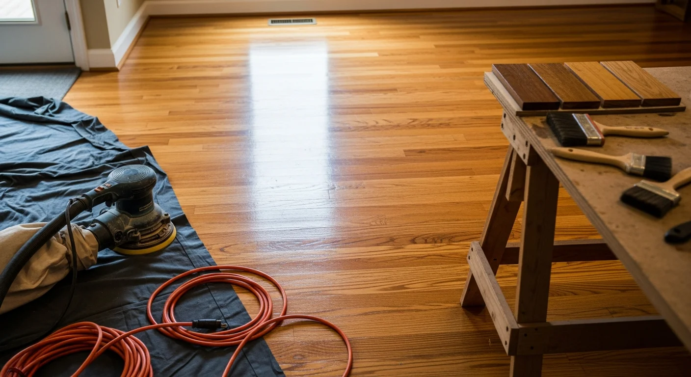 Freshly refinished hardwood floor in a Greer, SC home showing smooth, even wood grain with a clear protective finish. The floor runs through a main living area with natural light highlighting the restored surface.