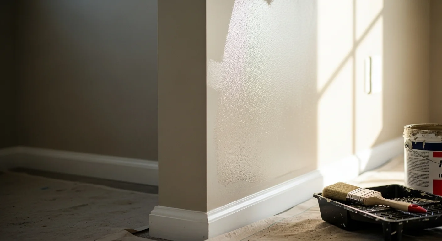 A freshly painted living room interior in a Lexington, KY home, showing smooth, even wall coverage in a warm neutral tone with clean white trim. The room features natural light from a window and no visible brush marks or lap lines.