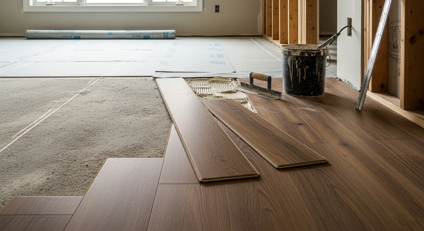 Freshly installed luxury vinyl plank flooring in a Greer, SC home showing clean plank rows, tight seams at the wall transition, and a wood-look finish across an open living area. Rock Solid Floors & Construction LLC completed the installation over a prepared concrete subfloor.