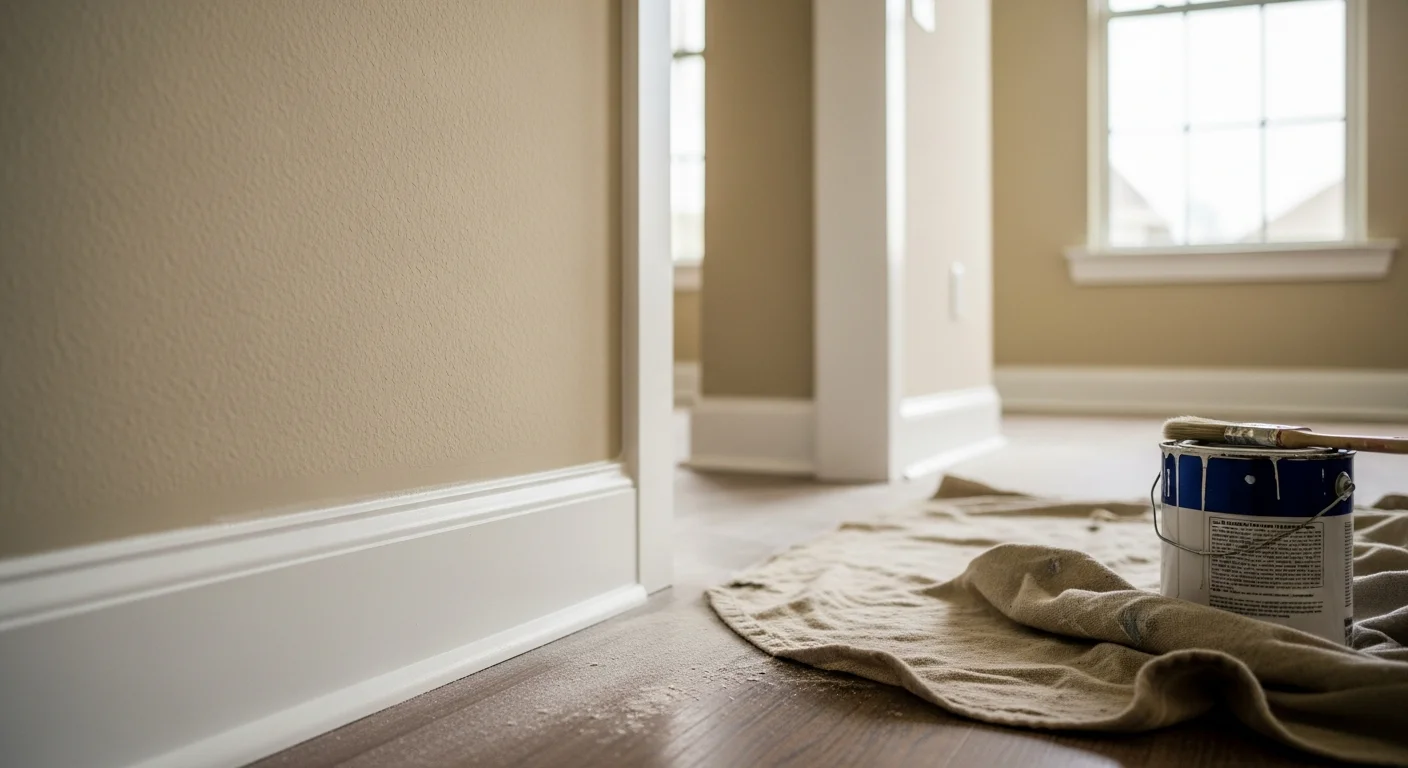 Freshly painted white trim along baseboards and door frames in a Lexington, KY home interior. Clean satin finish contrasts against the wall color, with no drips or lap marks visible on the molding edges.